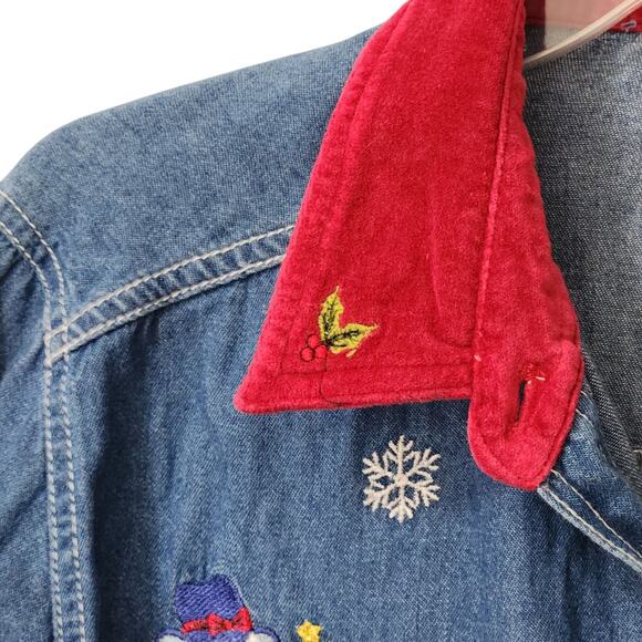 VTG 90S CHRISTMAS SHIRT DENIM EMBROIDERED SNOWMAN VELVET COLLAR GRANDMACORE SZ M - Picture 4 of 9